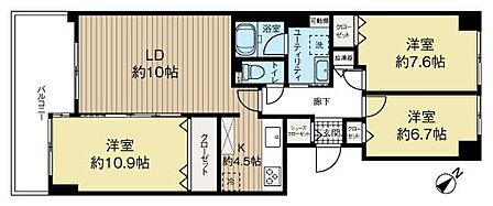 73.70?の3LDKは、約10帖のLDを中心に各洋室を配置した使いやすい設計。6帖台の洋室が2部屋+約10.9帖の主寝室で、家族構成に合わせて柔軟に使える間取りです。