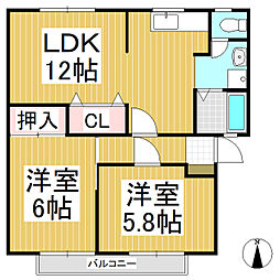 サンビレッジ上田原B 2LDKの間取図画像