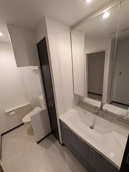 大きな鏡とスタイリッシュなデザインが魅力の洗面化粧台。※本画像は居住中の物件であり、入居者様の家具をCGで消した画像も含まれます。