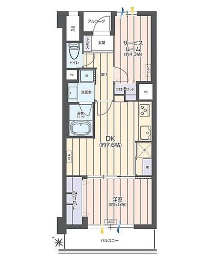 専有面積46.19m2、バルコニー面積5.4m2 使い勝手の良い1SDKの間取りです