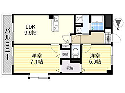 テリオ鶴崎 2DKの間取図画像