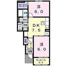 サニーフィールズ寒田2 2DKの間取図画像