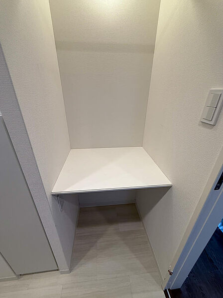 洗面室にちょっとした棚があります。タオルを置いたり何か作業をしたり自由度が高い設備になっています♪