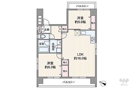 間取りは専有面積60.9平米の2LDK。バルコニー面積は13.33平米です。