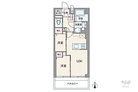 間取りは専有面積42.5平米の2LDK。全居室洋室仕様の縦長リビングプラン。縦長のLDKと個室2部屋がそれぞれ続き間になっているため、生活シーンに合わせてフレキシブルに部屋をつなげられます。