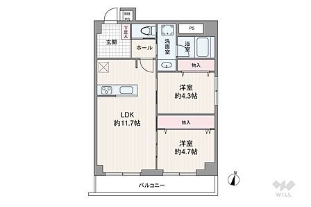 間取りは専有面積48.25平米の2LDK。全居室洋室仕様の縦長リビングプラン。縦長のLDKと個室2部屋がそれぞれ続き間になっているため、生活シーンに合わせてフレキシブルに部屋をつなげられます。