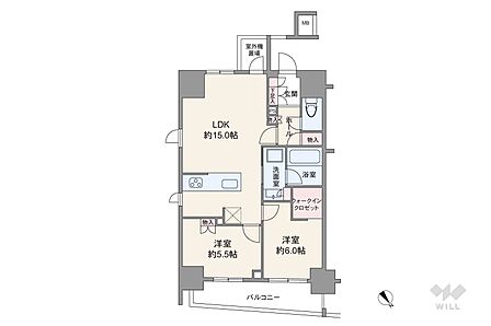 間取りは専有面積57.52平米の2LDK。LDK約15.0帖の縦長リビングのプラン。バルコニー面積は7.92平米です。