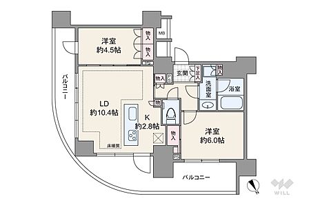 間取りは専有面積56.55平米の2LDK。LDK約13.2帖のプラン。複数方向に採光部があり、バルコニー面積は21.87平米です。