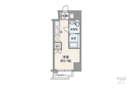 間取りは専有面積20.6平米の1K。バルコニー面積は1.63平米です。