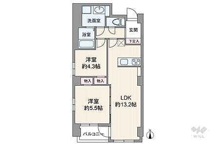 間取りは専有面積58.99平米の2LDK。縦長リビングのプラン。バルコニー面積は3.51平米です。