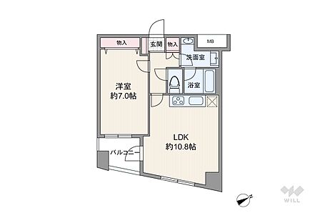 間取りは専有面積41.85平米の1LDK。LDK約10.8帖の縦長リビングのプラン。複数方向に採光部があり、バルコニー面積は3.7平米です。
