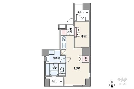 間取りは専有面積38.84平米の1LDK。バルコニー面積は7.57平米です。