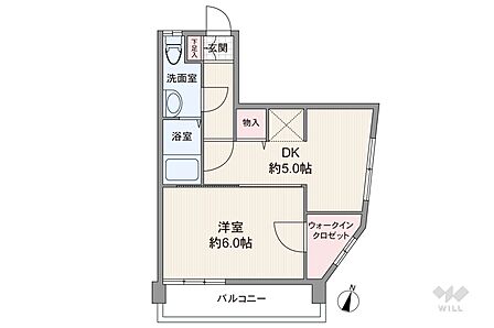 間取りは専有面積28.76平米の1DK。バルコニー面積は2.8平米です。