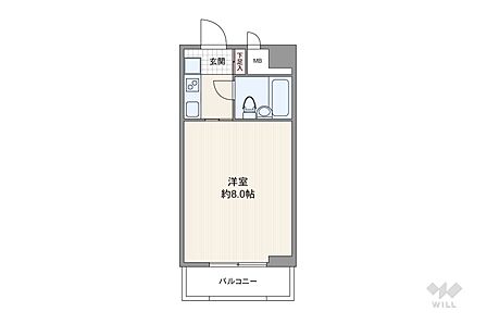 間取りは専有面積19.84平米の1K。バルコニー面積は3.17平米です。