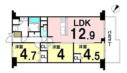 LDK約12.9帖を中心に3部屋を配置。各洋室に収納付きで荷物を整理しやすく、家事動線にも配慮された使い勝手の良い3LDKです。