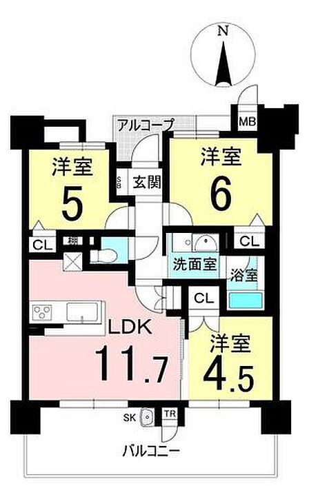 最上階・南向き角住戸の3LDKです。約11.7帖のLDKに6帖・5帖・4.5帖の3居室を配置し、各室に収納を完備。廊下が少なく面積を有効に使える機能的な間取りです。