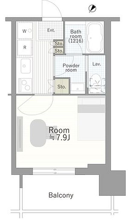 間取り図:1K 専有面積25.13m2、バルコニー面積7.61m2 2023年9月築