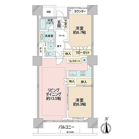 間取り図:2LDK 専有面積69.31平米、バルコニー面積9.45平米