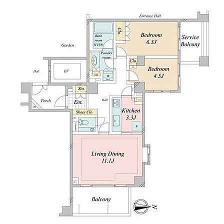 間取り図：2LDK　専有面積64.59平米