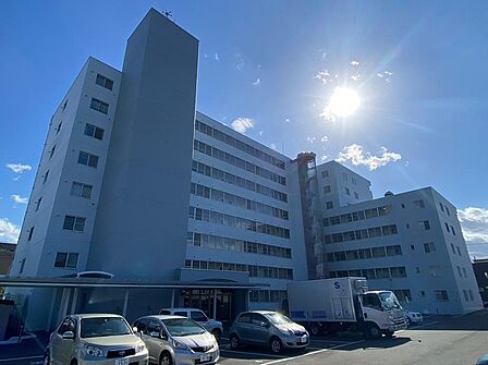 淡い色合いの外壁と整然と並ぶ窓が印象的なマンション。建物前には駐車スペースがあり、敷地全体の様子も確認できます。室内の見学と合わせて、建物の雰囲気や周辺の街並み、出入りの動線も現地でご覧いただけます。