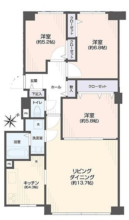 専有面積77.88m2の3LDK。約13.7帖のリビングダイニングとキッチンを備え、家族が集まる空間と個室を分けて使えます。全洋室に収納があり衣類や日用品もすっきり。南東向き角部屋の明るい住まいです。