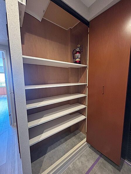 高さのあるシューズ収納には複数の棚を備えています。靴の種類やサイズに合わせて棚の高さを変えられ、靴を整理しやすい仕様。玄関周りをすっきり保ちたい方に便利です。収納量や棚の奥行きも現地でご確認ください。