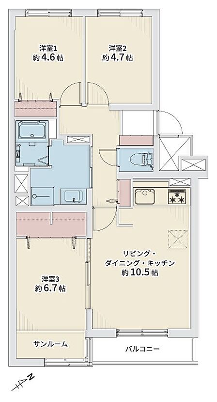 専有面積64.55m2の3LDKにサンルームを備えた間取り。LDK10.5帖と洋室6.7帖は引き戸で仕切れ、暮らしに合わせて使い分けられます。洋室や廊下に収納があり衣類や日用品もすっきり整理できます。