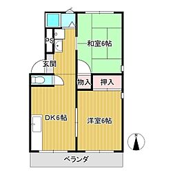 カレント河辺A 2DKの間取図画像