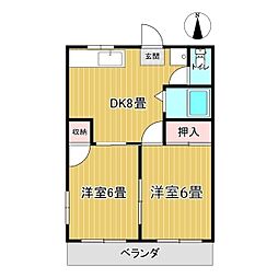 カレント河辺B 2DKの間取図画像