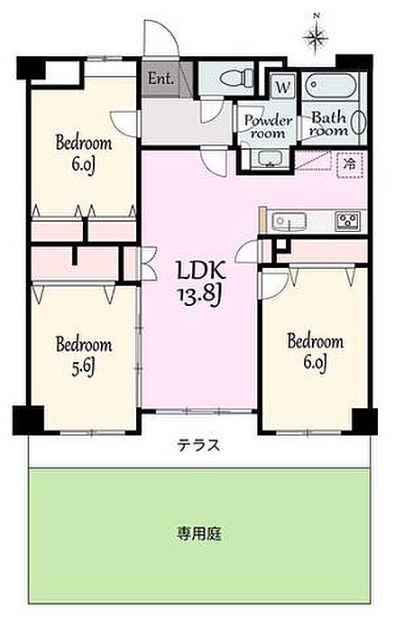 マンションで“庭のある暮らし”を。1階住戸ならではの専用庭付き。バルコニー前に広がるプライベート空間は、外からの視線にも配慮された設計。戸建てのようなゆとりを感じられる住まいです。