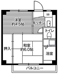 ビレッジハウス亀井野4号棟 2Kの間取図画像