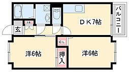 イーストビレッジ北野A棟 2DKの間取図画像