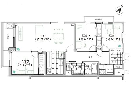 3LDK(専有面積90.77平米/バルコニー7.23平米)