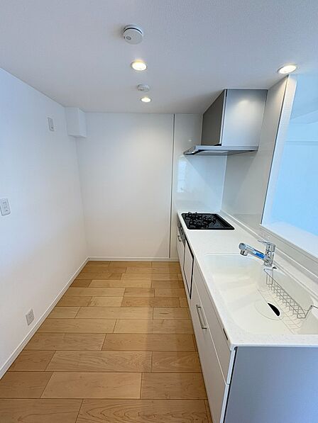 作業スペースが広く、グリル付き三口コンロのキッチンで、料理もはかどりそうです!