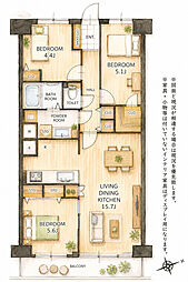 薬園台サニーハイツ 3LDKの間取図画像