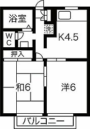 ヴィラクレストA棟 2DKの間取図画像