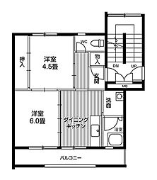 ビレッジハウス仙台鶴ケ谷二丁目13 2DKの間取図画像