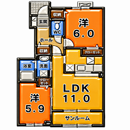 サニーハイツ・天神南棟 2LDKの間取図画像