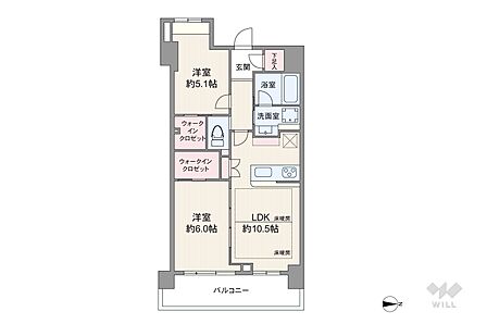 間取りは専有面積54.68平米の2LDK。全居室洋室仕様の縦長リビングプラン。バルコニー側の洋室はLDKとつなげて使うことも出来ます。各個室にウォークインクロゼットがあるのもポイント。