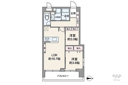 間取りは専有面積45.55平米の2LDK。LDK約10.7帖のプラン。バルコニー面積は6.05平米です。