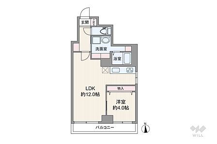 間取りは専有面積45.00平米の1LDK。LDK約12.0帖のプラン。バルコニー面積は4.95平米(概算)です。