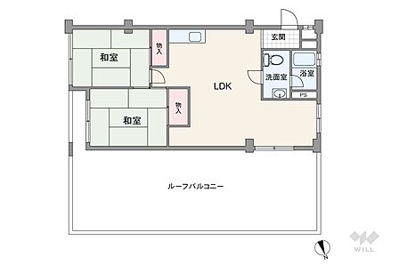 間取りは専有面積59.94平米の2LDK。ルーフバルコニー付きのプラン。