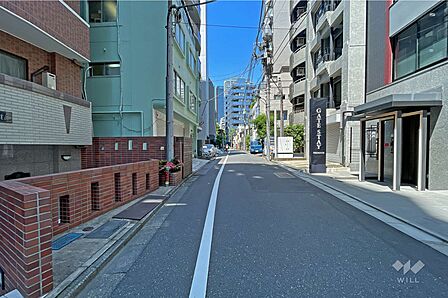敷地東側の前面道路(南側から)車通りが少なく、道幅もあるため、歩く際にも安心ですね。