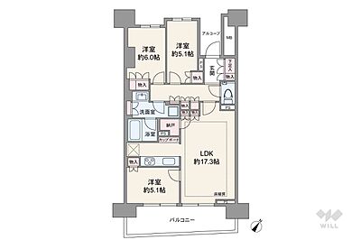 間取り:間取りは専有面積79.17平米の3LDK。LDK約17.3帖の縦長リビングのプラン。バルコニー面積は13.68平米です。 間取り:間取りは専有面積79.17平米の3LDK。LDK約17.3帖の縦長リビングのプラン。バルコニー面積は13.68平米です。