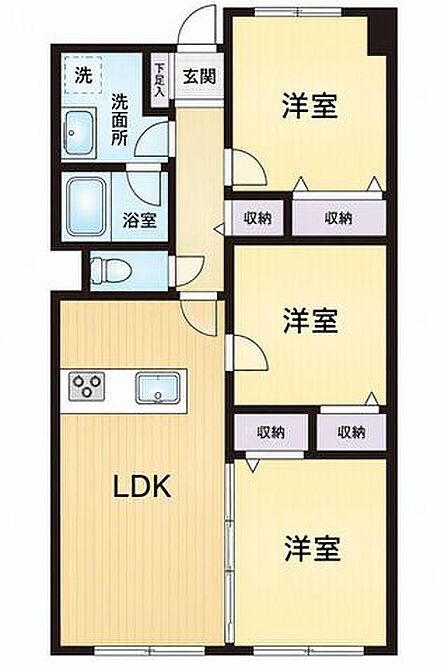 3つの洋室を備えた3LDKの間取り。各居室に収納を確保し、LDKを中心に水まわりや各居室へ移動しやすい、暮らしやすさを考えた住まいです。