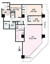 [間取] 地上13階に位置している2SLＤＫのお部屋になります。リビング20帖以上、主寝室は9帖と広々使用できる間取りです。