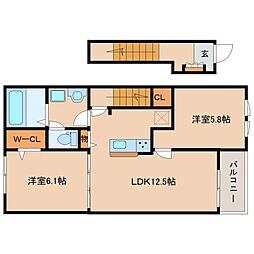 近鉄京都線 大和西大寺駅 徒歩10分の賃貸アパート 2階2LDKの間取り