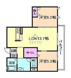 三津屋ガーデンズC棟 2LDKの間取図画像