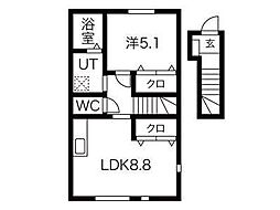 ワンリッチ金ヶ崎C 206号室 2階1LDKの間取り
