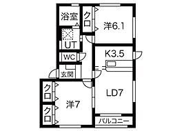 水沢ステーションアベニューIIE棟 201号室 2階2LDKの間取り